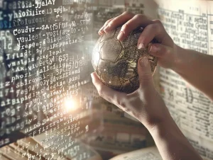 Une main tenant le trophée du Ballon d’Or, un ballon doré posé sur un socle en cristal, entouré de chiffres lumineux et de statistiques de football flottant dans l’air, rendu photoréaliste avec un éclairage dramatique