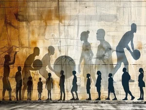 Silhouettes de joueurs NBA de différentes époques montrant l’évolution de leur taille et de leur morphologie au fil du temps, sur fond futuriste et lumineux.