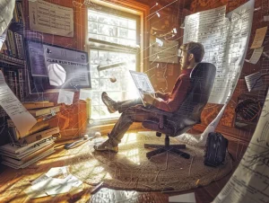 Analyste de baseball entouré d’écrans de statistiques, symbolisant l’ère sabermetrics en MLB.