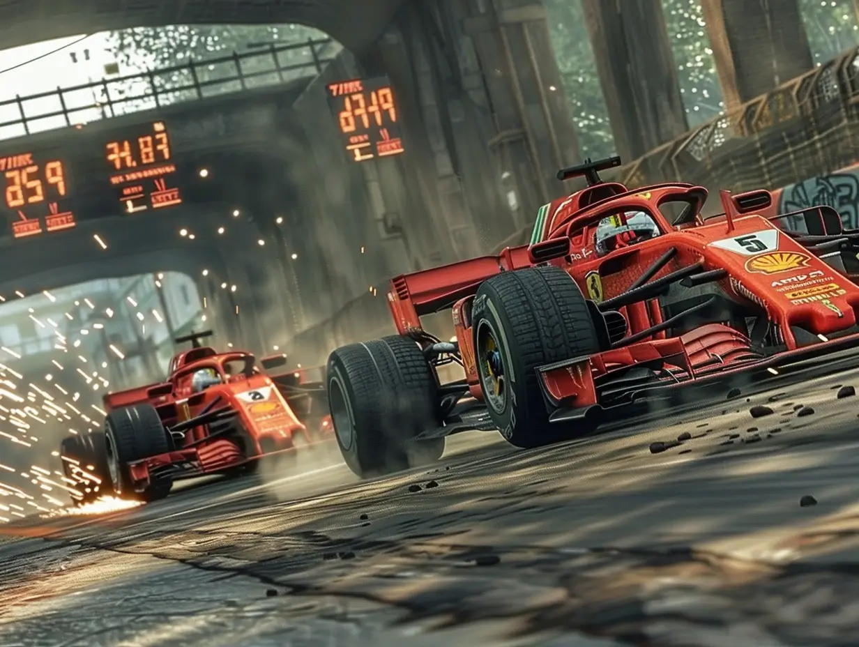 Duel de deux voitures de Formule 1 côte à côte dans un final de saison serré, avec effets de vitesse et données statistiques en surimpression.