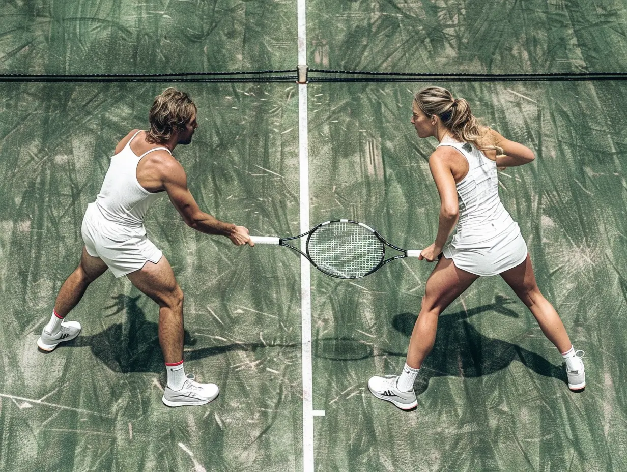 Homme et femme se faisant face sur un court de tennis miroitant, symbole de l’égalité hommes-femmes dans le sport.