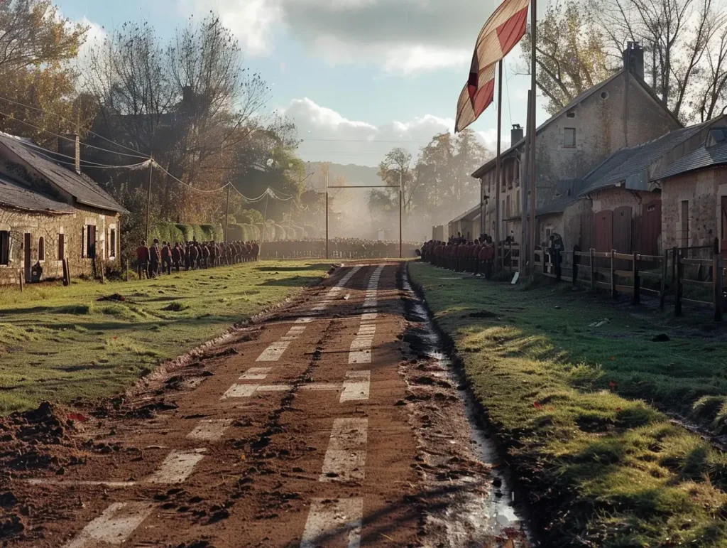 Match de rugby dans un village français, scène rurale et brumeuse évoquant les débuts du rugby en France.