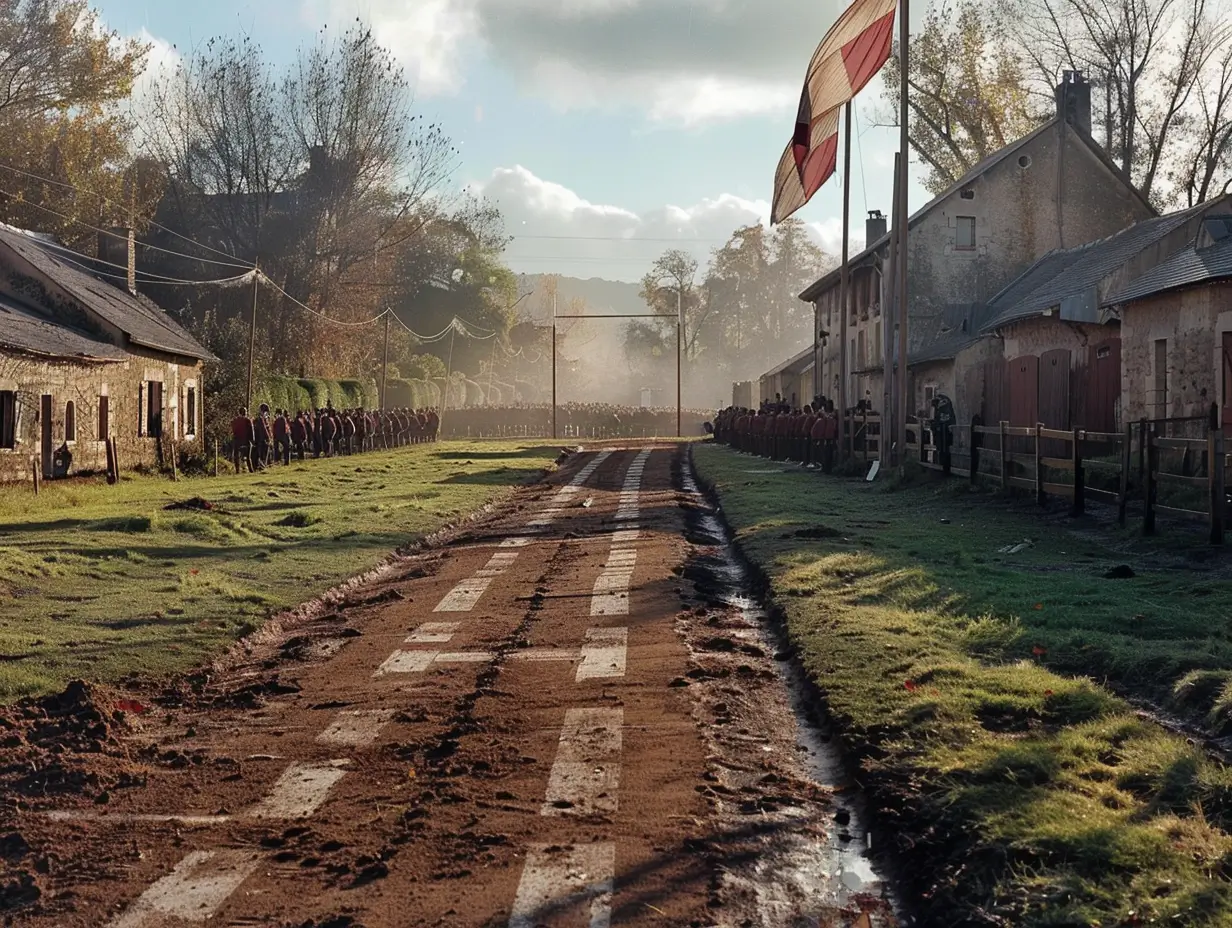 Match de rugby dans un village français, scène rurale et brumeuse évoquant les débuts du rugby en France.