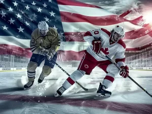 Joueurs de hockey USA contre Canada en pleine action sur la glace, affrontement intense en NHL avec patinoire éclairée, maillots rouges et bleus, vitesse, puissance et rivalité historique entre les deux nations.