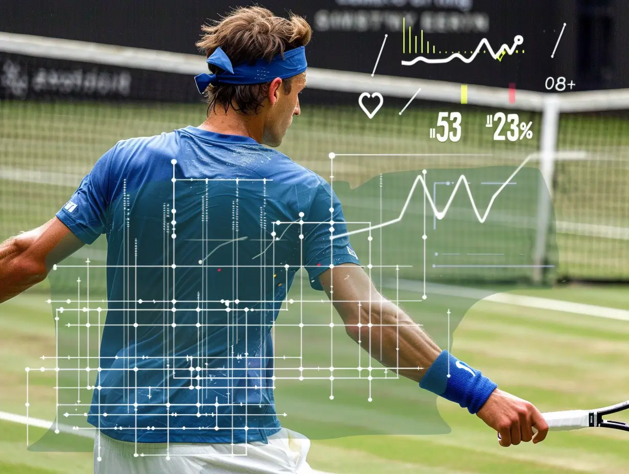 Photographie de tennis professionnel illustrant l’évolution des performances en Grand Chelem depuis l’ère Open, avec données statistiques en surimpression