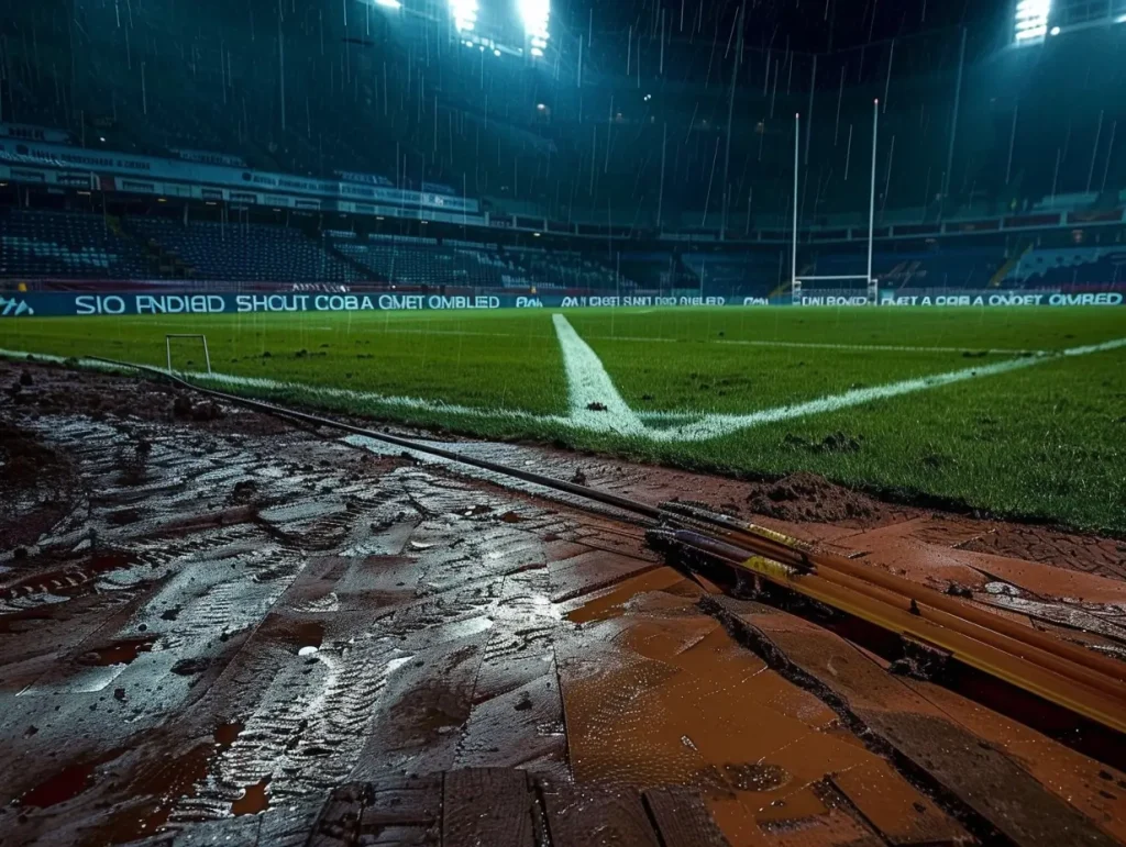 Stade de rugby européen de nuit après une finale de Coupe d’Europe, terrain boueux sous les projecteurs, illustrant l’histoire et les statistiques des compétitions européennes de rugby.