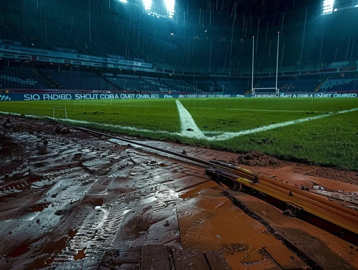 Stade de rugby européen de nuit après une finale de Coupe d’Europe, terrain boueux sous les projecteurs, illustrant l’histoire et les statistiques des compétitions européennes de rugby.