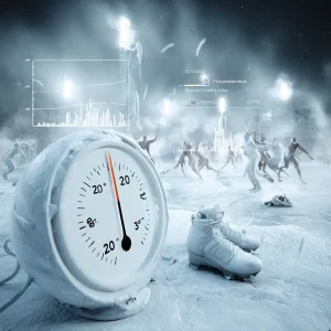 Jeux olympiques d’hiver sous froid extrême, athlètes en action et thermomètre indiquant des températures glaciales avec visualisation de données.